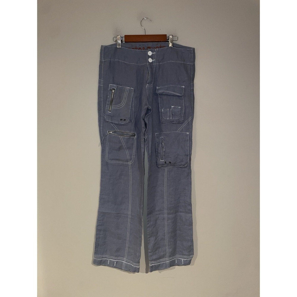 Pete Greta Johnny Was Linen Cargo Pants Size 6 Unisex Zip Pockets Boho Blue Gray - Picture 2 of 5